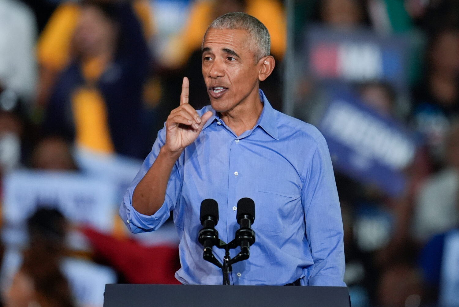 FILE - Former President Barack Obama speaks during a campaign rally, Oct. 24, 2024, in Clarkston, G...