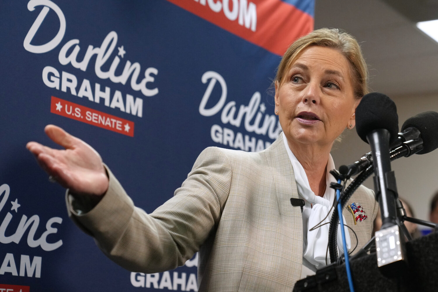 FILE - Sen. Darline Graham, R-S.C., gestures during a news conference, Aug. 24, 2026, in Columbia, ...