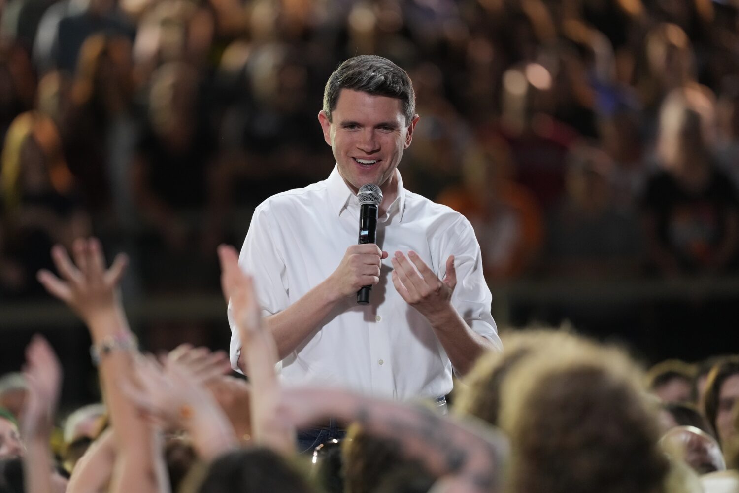Democratic U.S. Senate candidate Texas state Rep. James Talarico speaks during a campaign event in ...