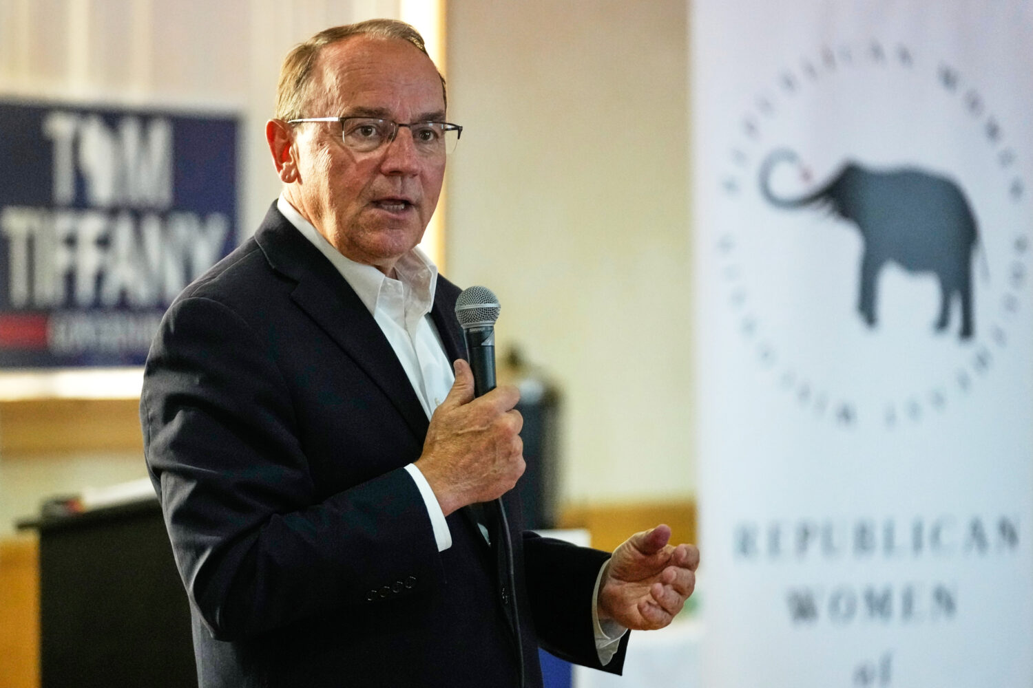 FILE - Republican gubernatorial candidate Tom Tiffany talks to supporters during a campaign event, ...