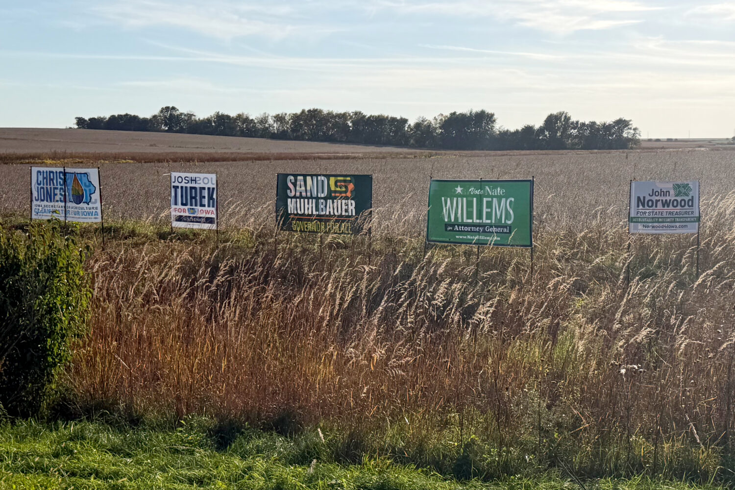 Signs supporting Democratic candidates are pictured in a field near Waterloo, Iowa, Sunday, Oct. 11...