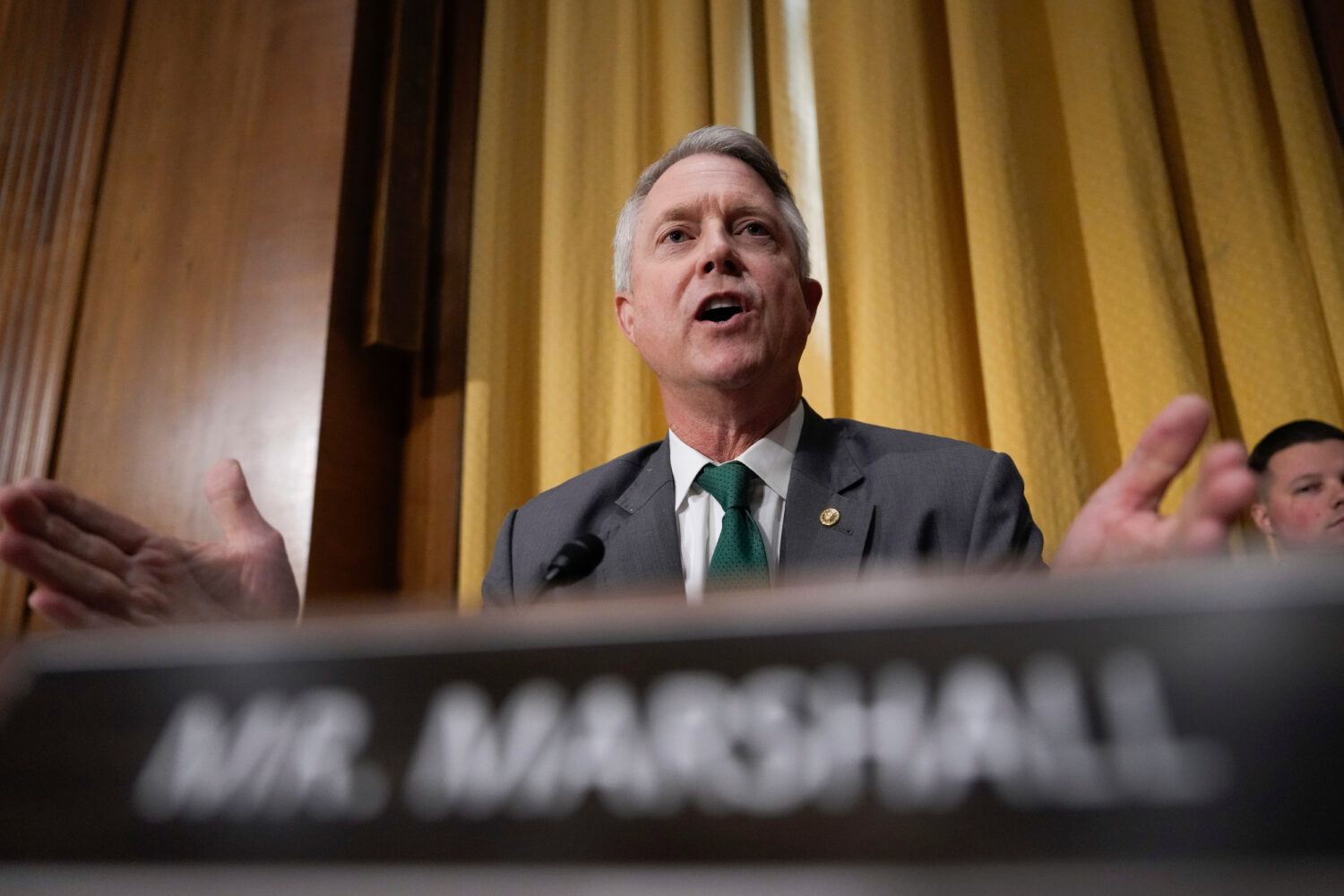 FILE - Sen. Roger Marshall, R-Kan., speaks at the Senate Finance Committee confirmation hearing at ...