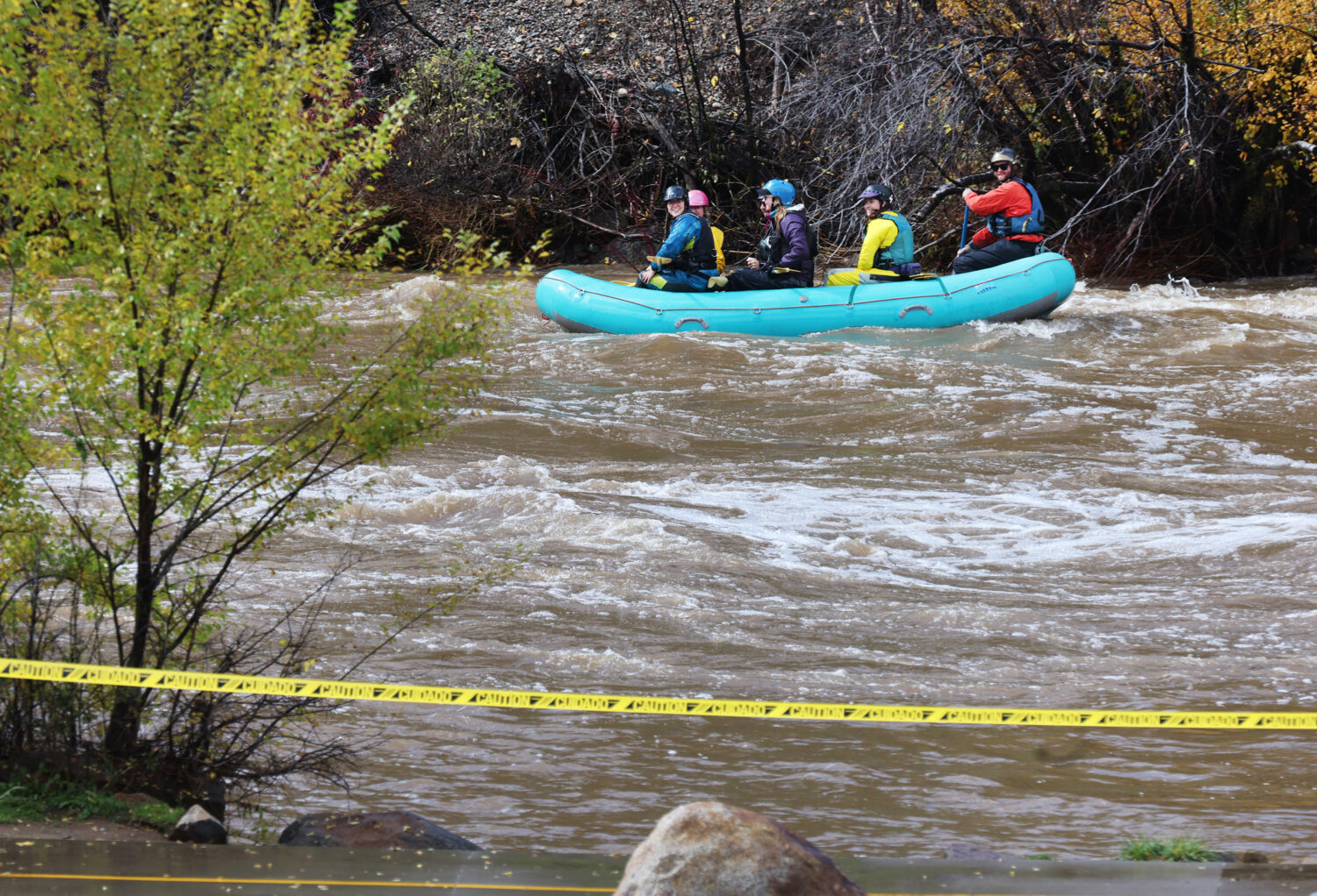 Rafters make their way down a closed Animas River Saturday, Oct. 24, 2026, in Durango, Colo. (Jerry...