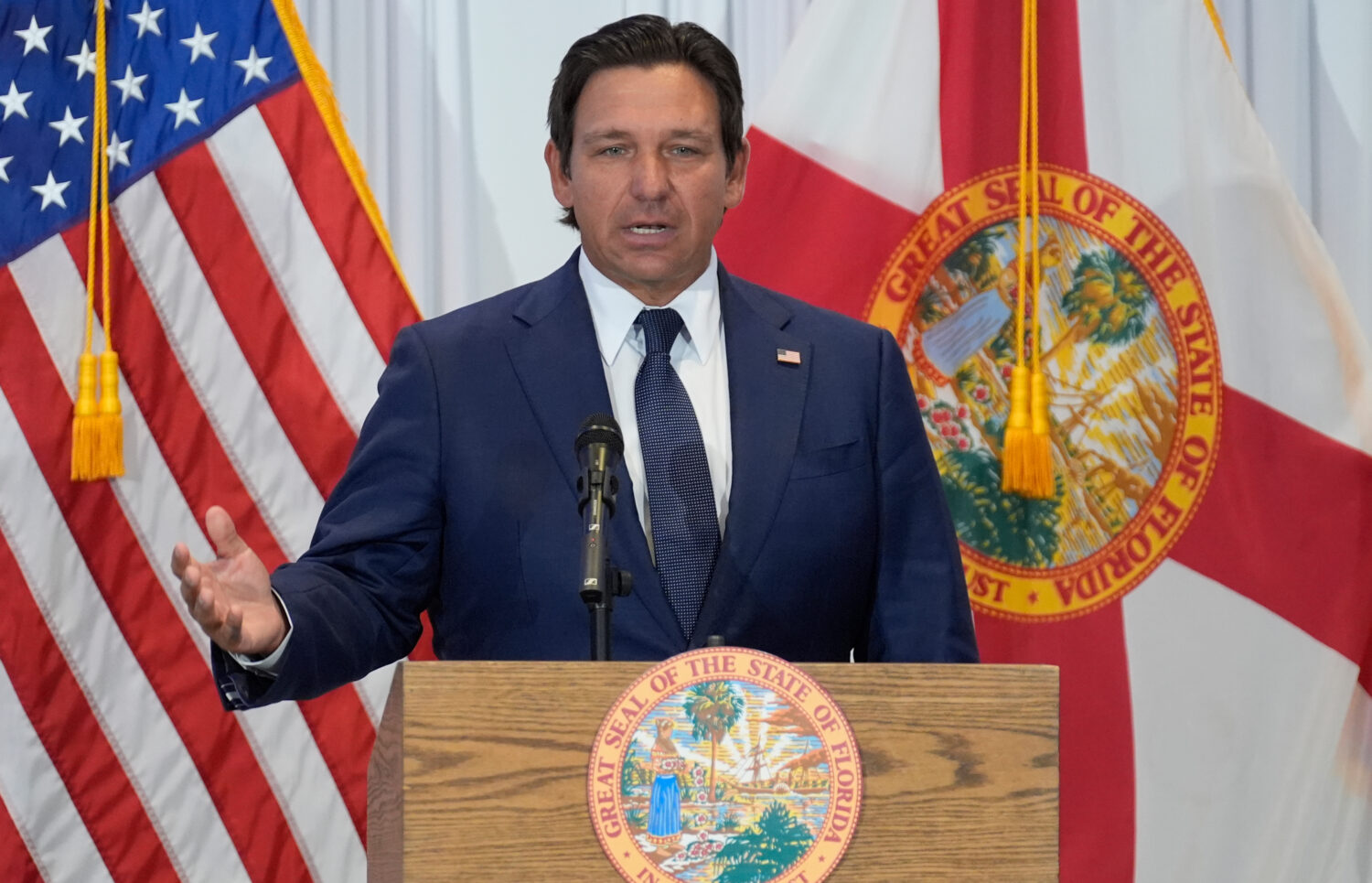 FILE - Florida Gov. Ron DeSantis speaks during a news conference Aug. 12, 2025, in Tampa, Fla. (AP ...