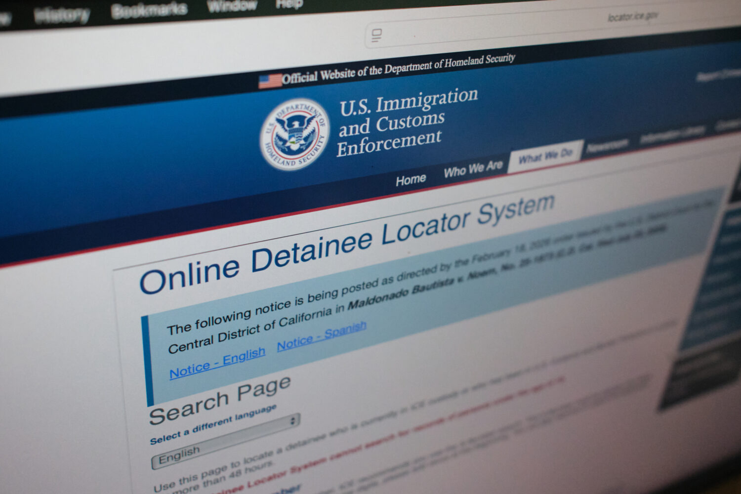 FILE - The U.S. Immigration and Customs Enforcement website, used to locate someone in immigration ...