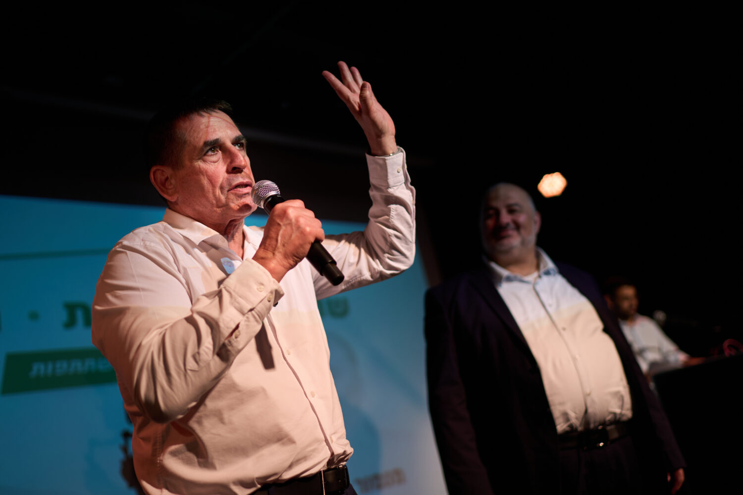 Yoav Segalovitz, a former police investigator running with the Ra'am party, speaks during a campaig...