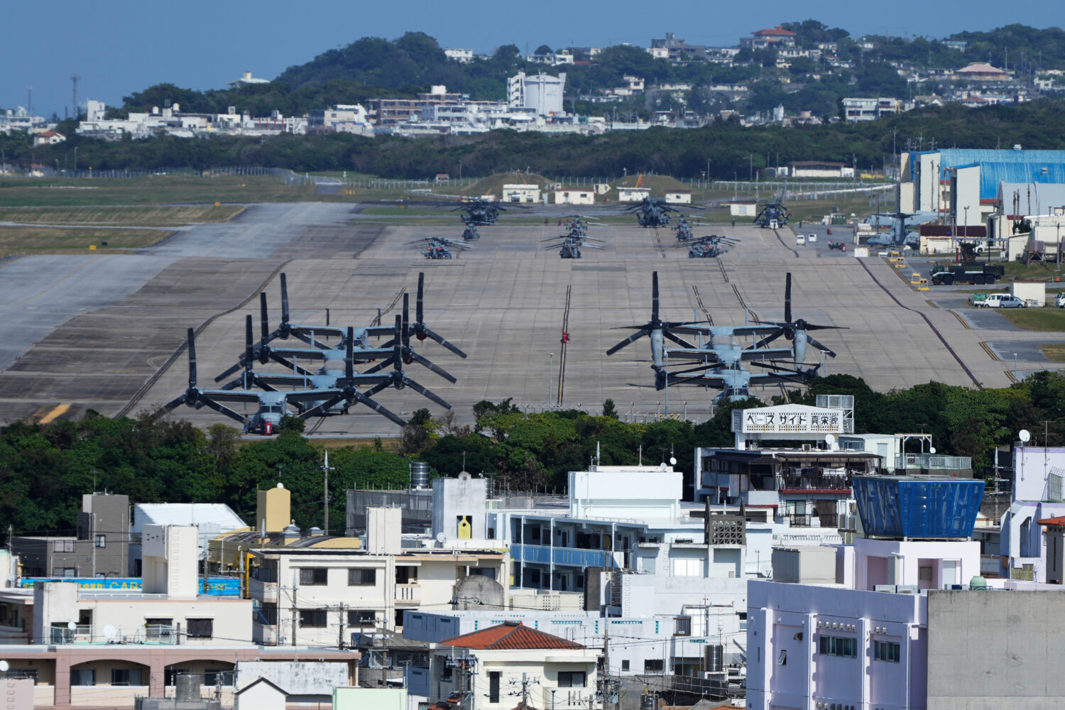 FILE - U.S. MV-22 Osprey transport aircraft are parked at the U.S. Marine Corps Air Station Futenma...
