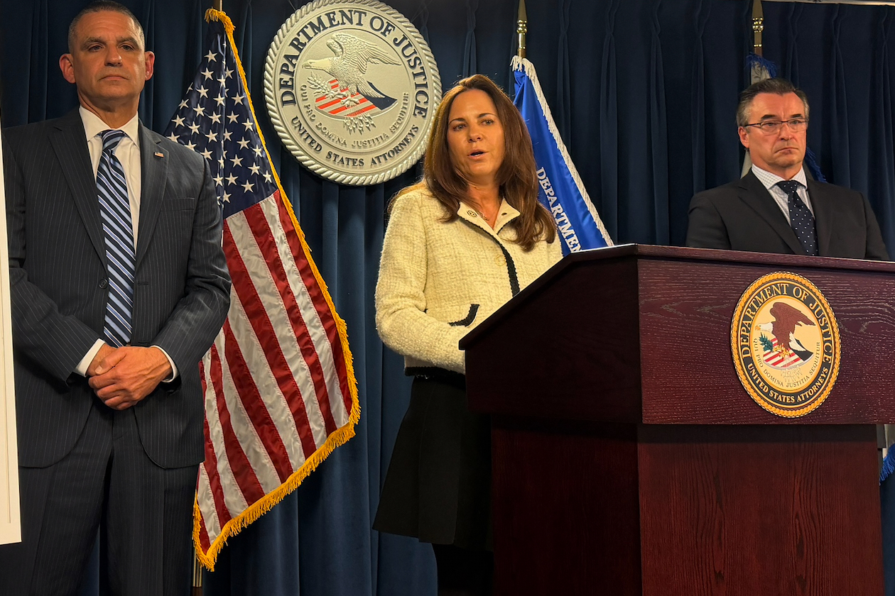 U.S. Attorney Leah Foley is joined by John Soars, assistant special agent in charge Homeland Securi...