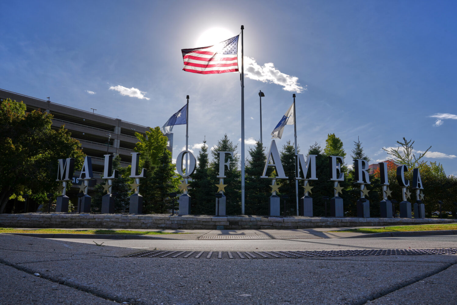The Mall of America flies an American flag, Wednesday, Oct. 7, 2026, in Bloomington, Minn. (AP Phot...