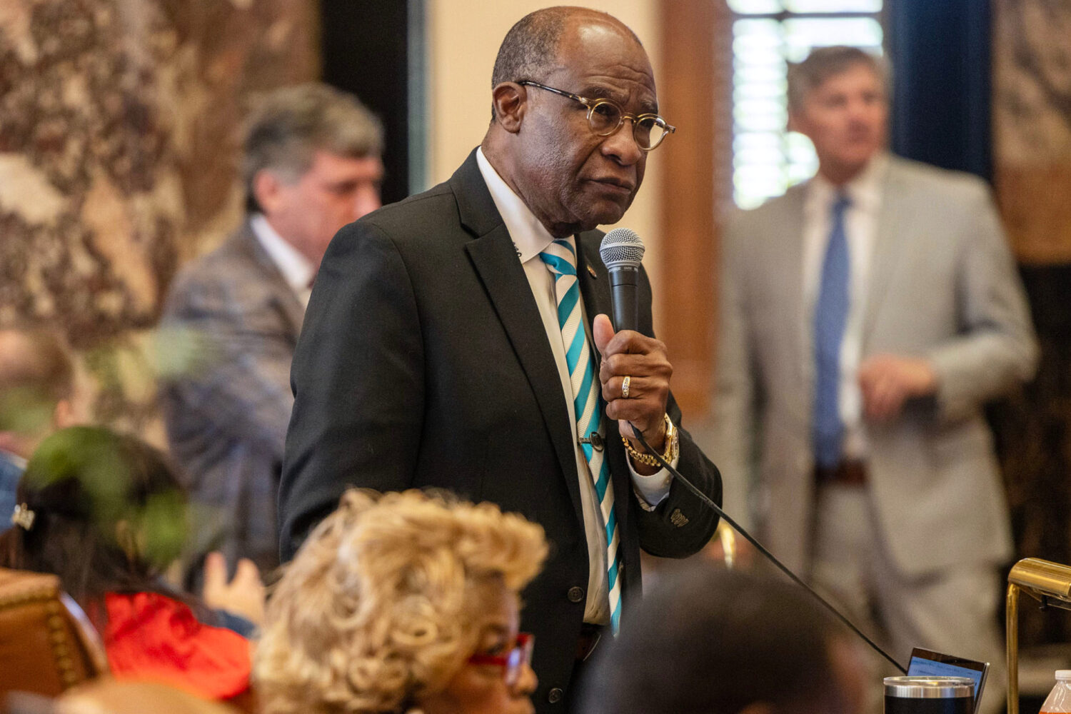 Mississippi state Sen. Johnny DuPree, D-Hattiesburg, raises a question during bill discussion, Apri...