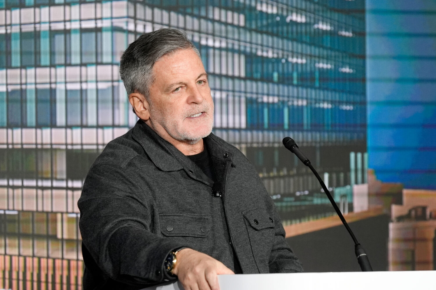 FILE - Bedrock Chairman Dan Gilbert addresses a news conference, April 15, 2024 in Detroit. (AP Pho...