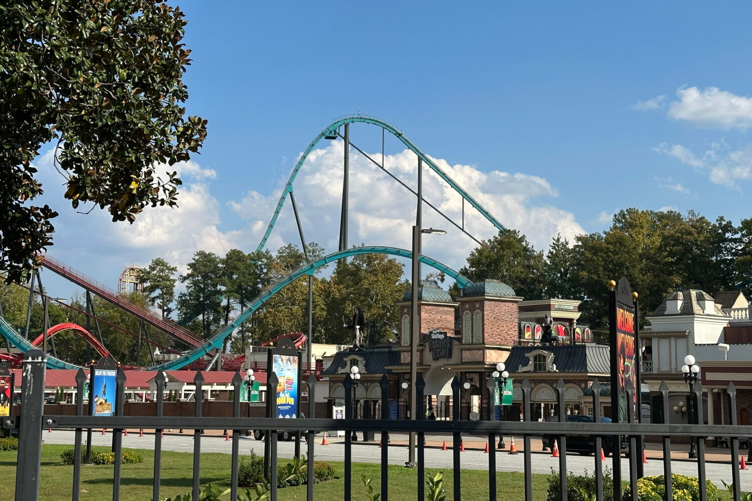 The entrance to the Six Flags Over Georgia amusement park in Mableton, Ga., is seen Friday, Oct. 16...