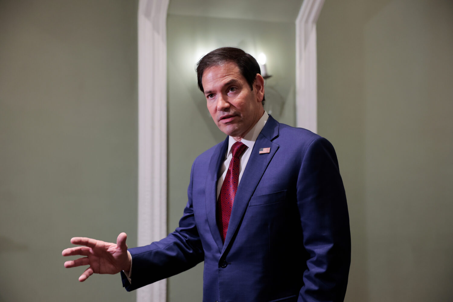 U.S. Secretary of State Marco Rubio speaks with members of the media at the Taj Mahal Palace hotel ...