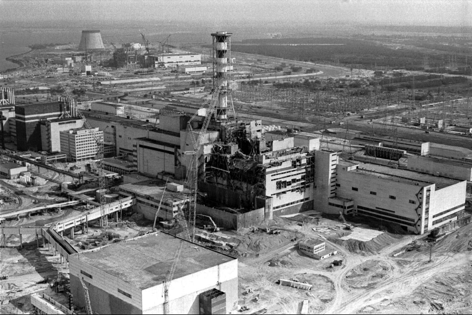 FILE - This aerial view shows the Chernobyl nuclear power plant in Chernobyl, Ukraine, April 26, 19...