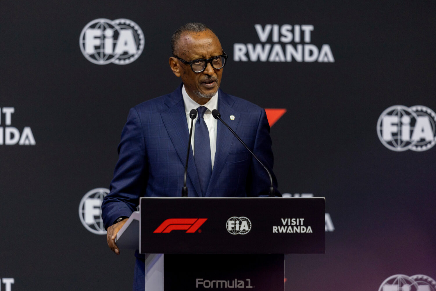 Rwandan president Paul Kagame speaks during an announcement that Formula 1 will return to Africa wi...
