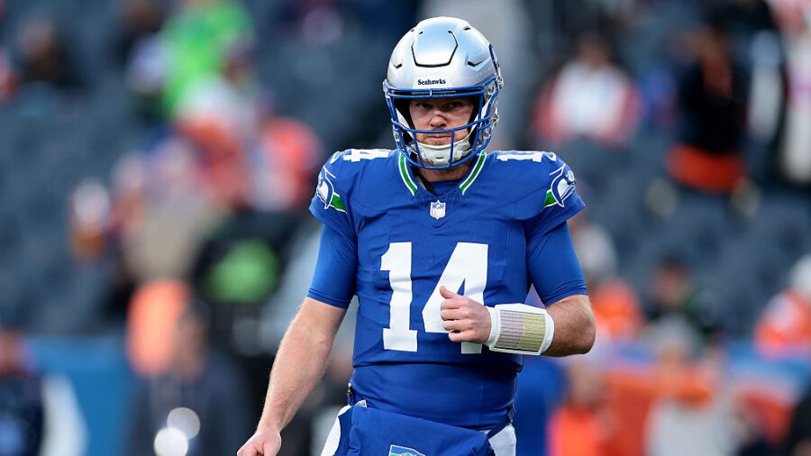 Sam Darnold #14 of the Seattle Seahawks looks on prior to the game against the Denver Broncos at Em...