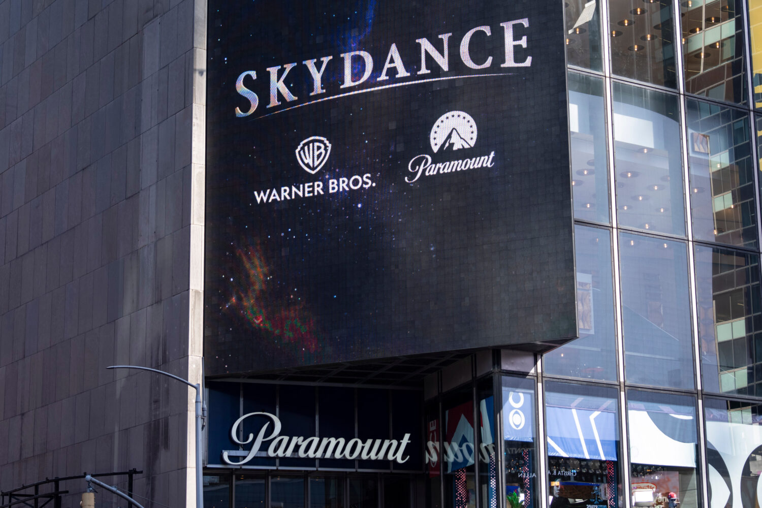 A Skydance billboard is displayed outside Paramount Global office in Times Square, Tuesday, Oct. 6,...
