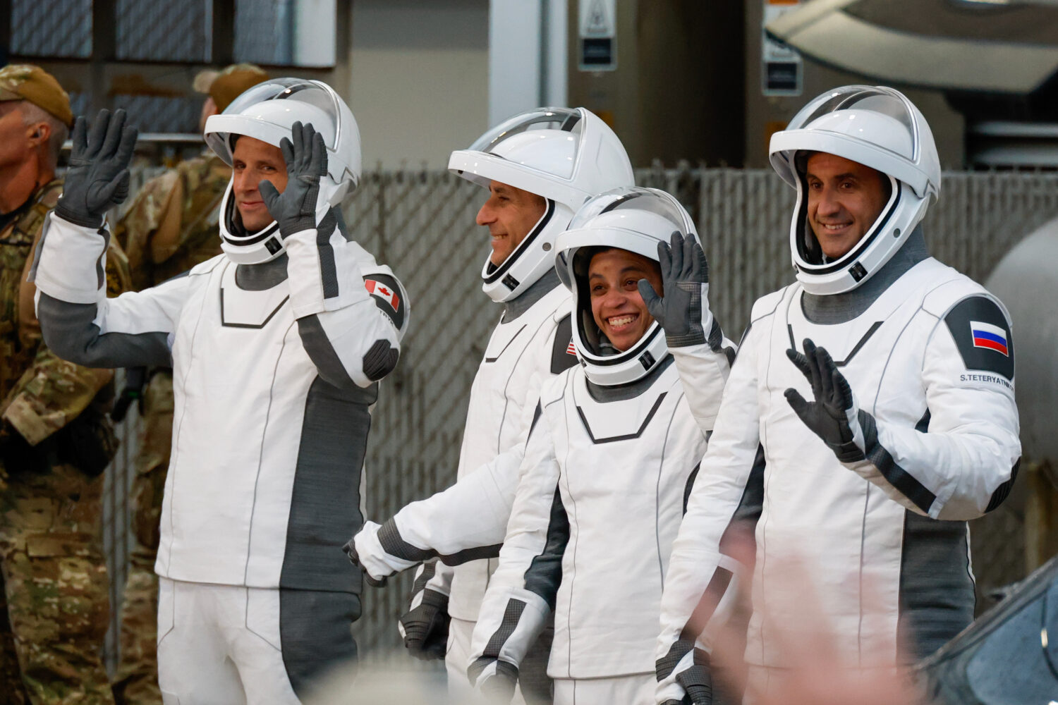 Astronauts, from left, Joshua Kutryk, of Canada, pilot Luke Delaney, commander Jessica Watkins and ...