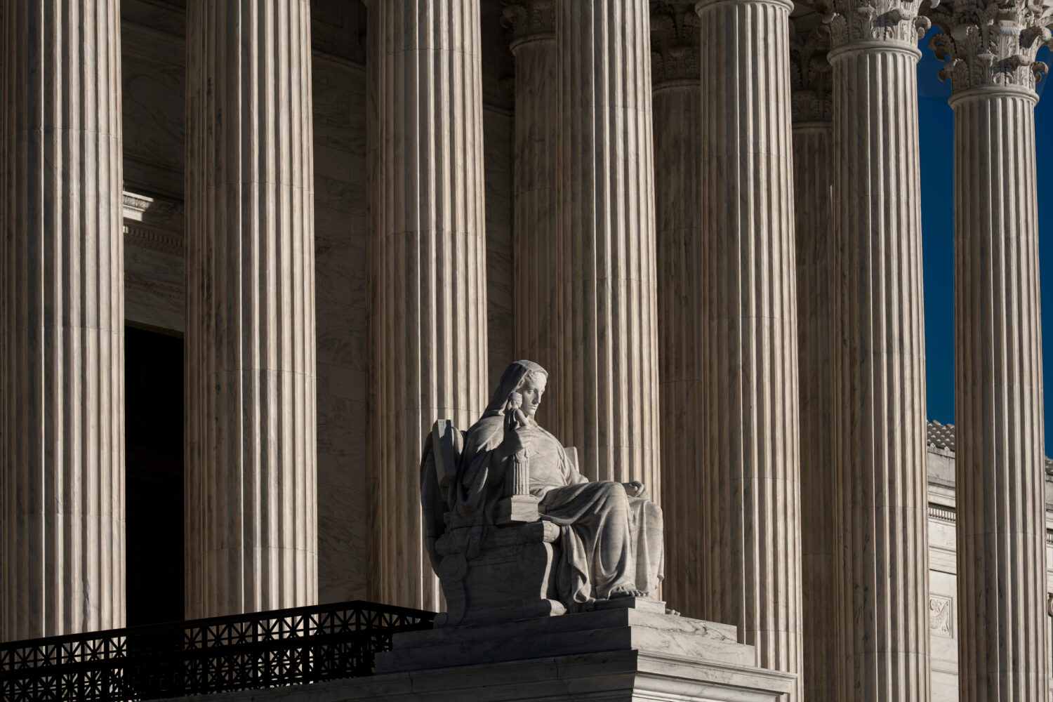The Supreme Court is seen at day's end in Washington, Thursday, Oct. 1, 2026, as the justices prepa...