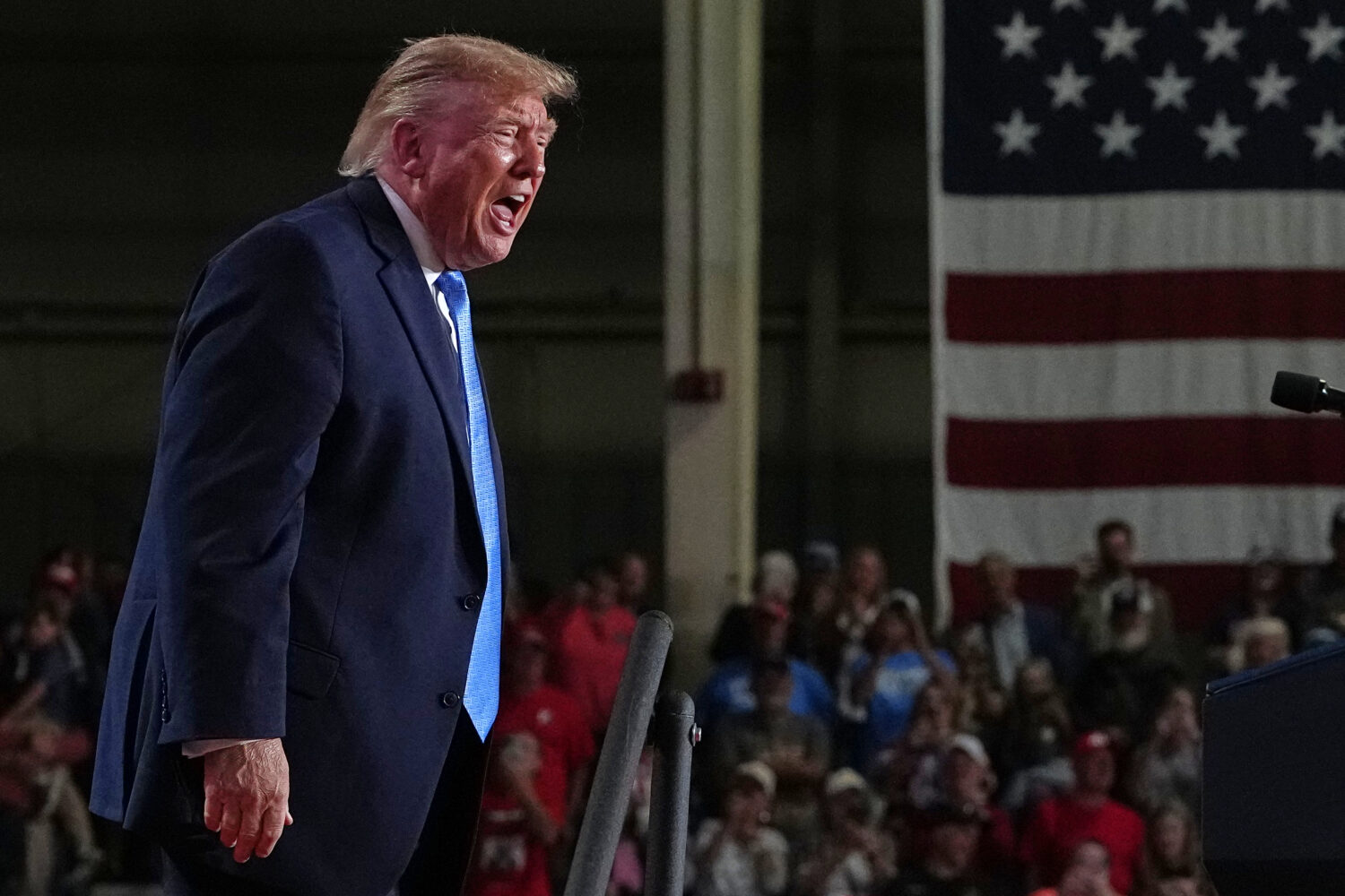 President Donald Trump yells after speaking at a campaign rally at Crossroads Arena, in Corinth, Mi...