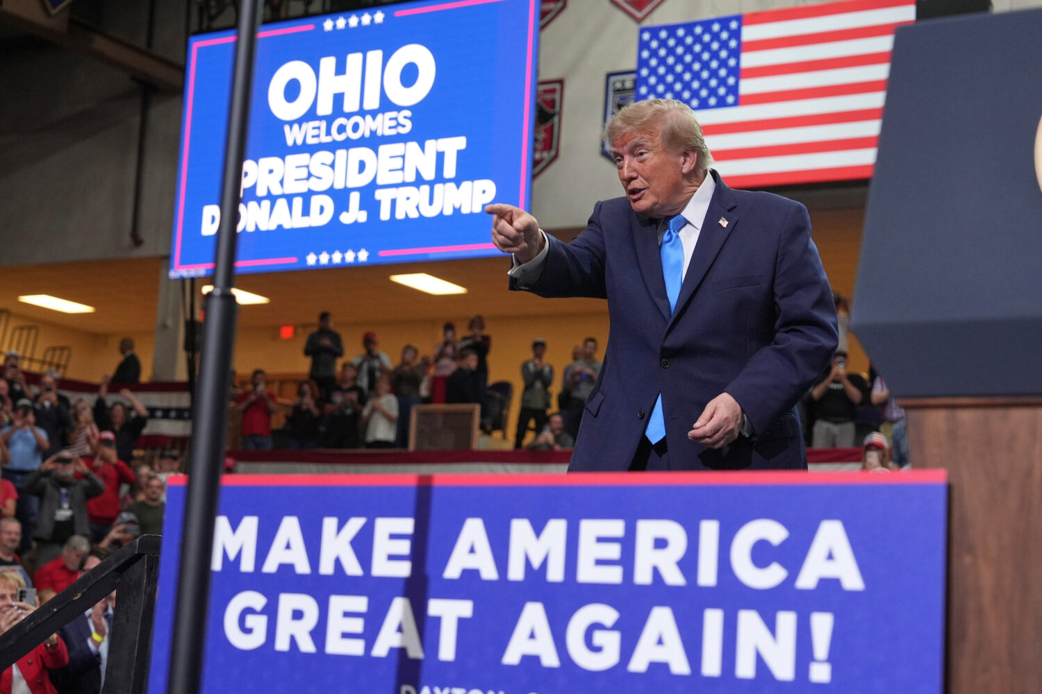 President Donald Trump departs after speaking during an event at Butler High School in Vandalia, Oh...