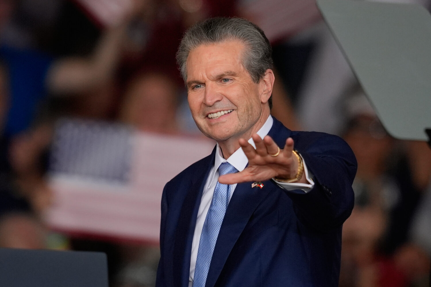 Georgia gubernatorial candidate Rick Jackson speaks before President Donald Trump arrives at a camp...