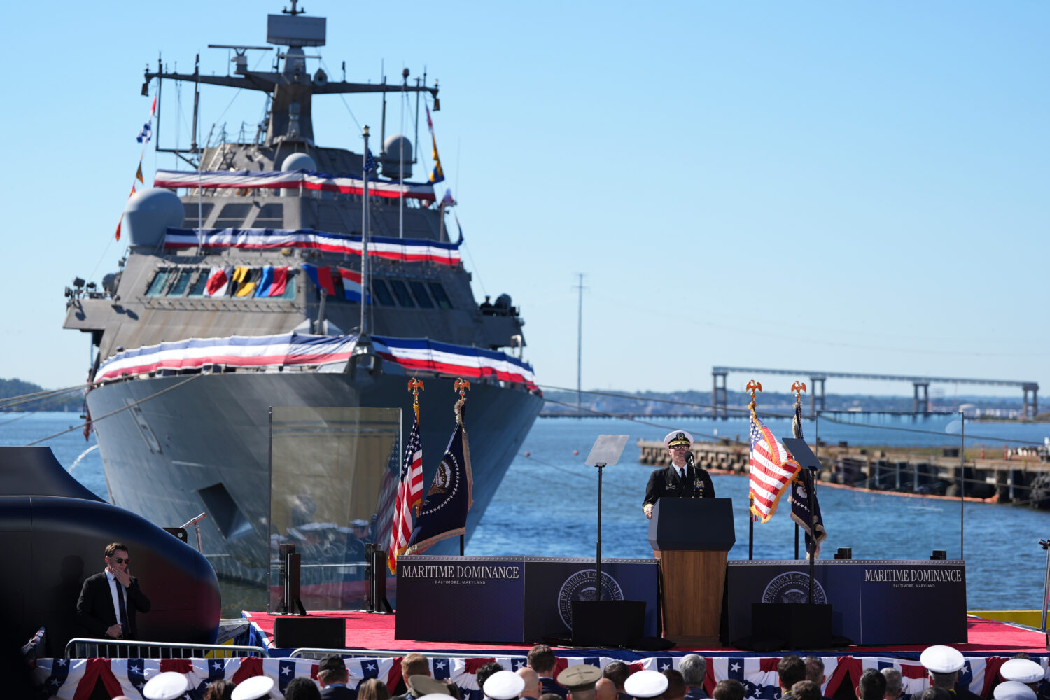 Vice Admiral Robert M. "Rob" Gaucher speaks during an event at the Anduril Industries submarine man...