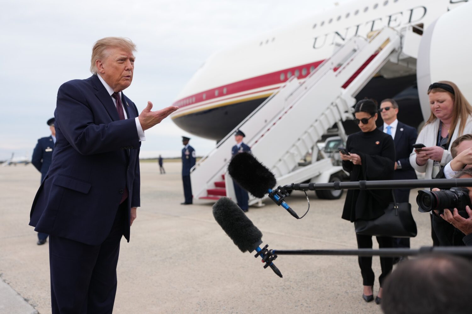 President Donald Trump speaks to reporters before boarding Air Force One, Wednesday, Oct. 28, 2026,...