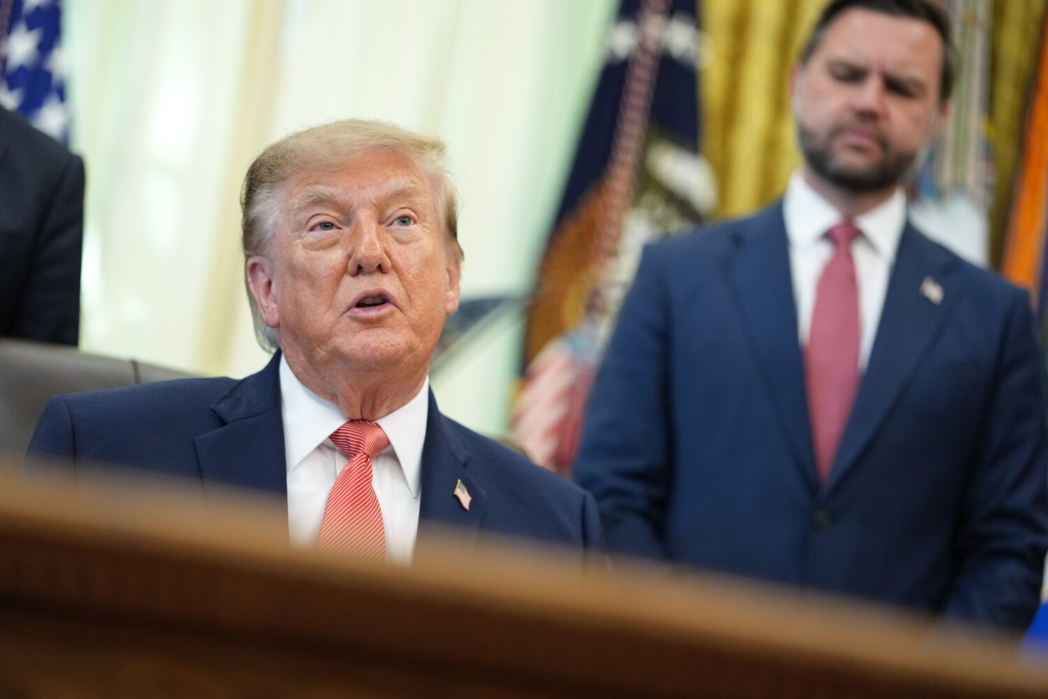 President Donald Trump speaks in the Oval Office of the White House, Tuesday, Oct. 20, 2026, in Was...