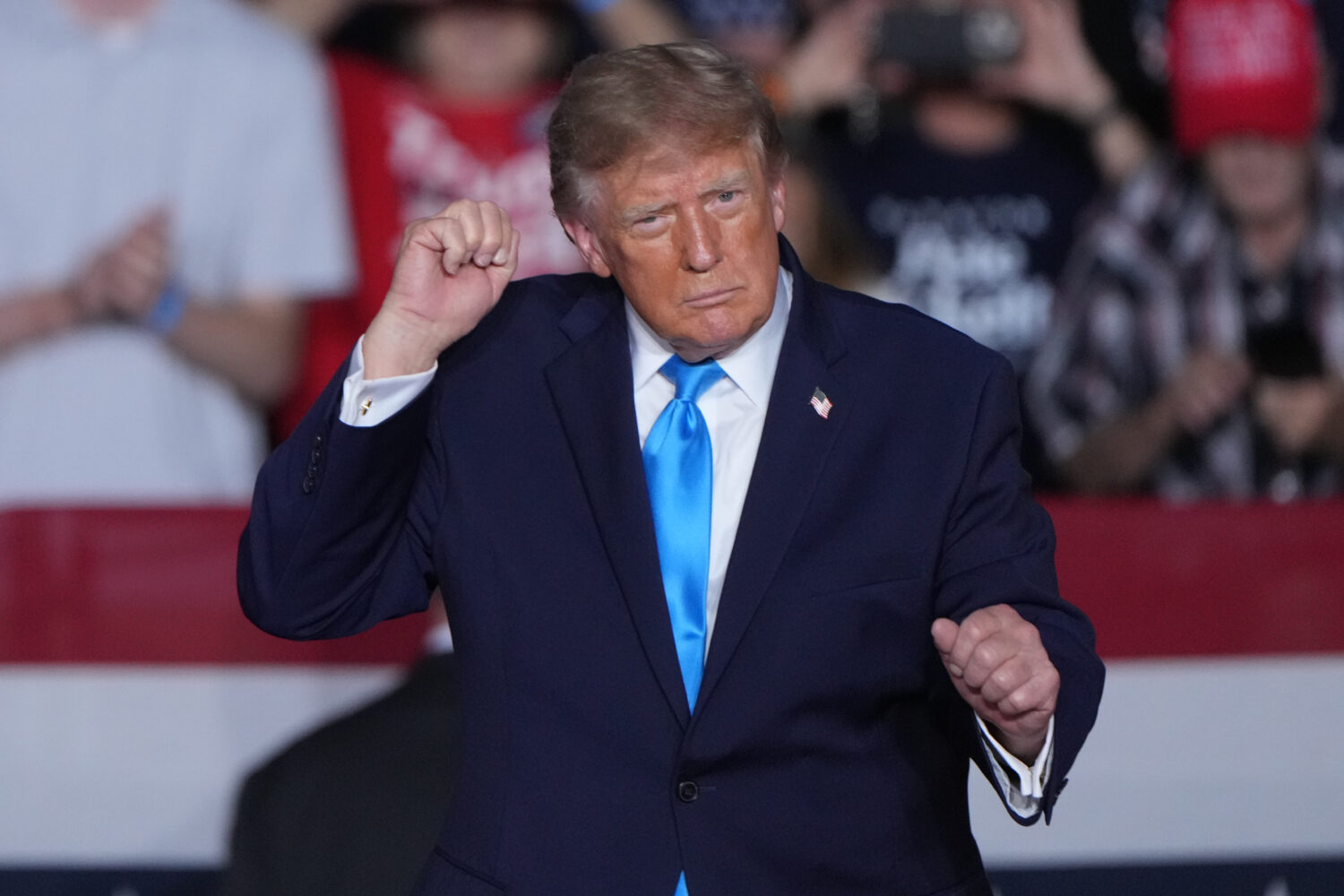 President Donald Trump dances at a campaign rally at the Pinnacle Bank Expo Center, Monday, Oct. 5,...