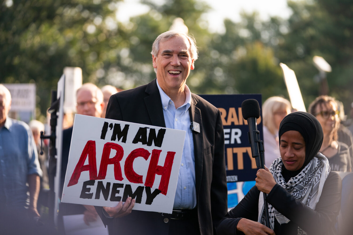 Sen. Jeff Merkley, D-Ore., speaks to demonstrators at Memorial Circle to protest the proposed Trium...
