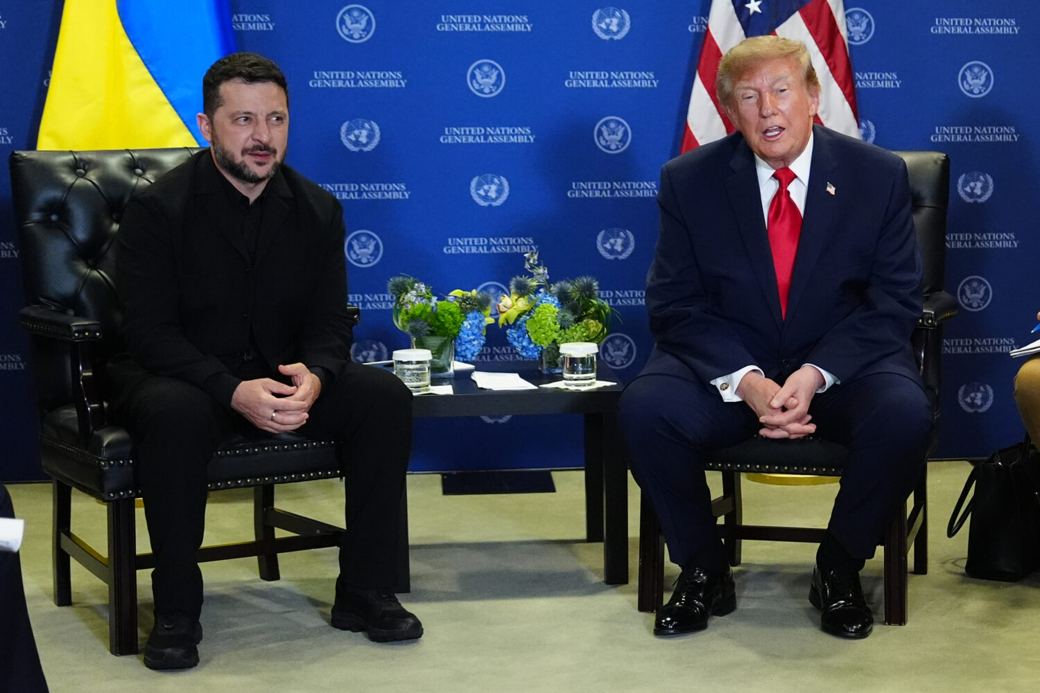 FILE - President Donald Trump meets with Ukraine's President Volodymyr Zelenskyy during the United ...