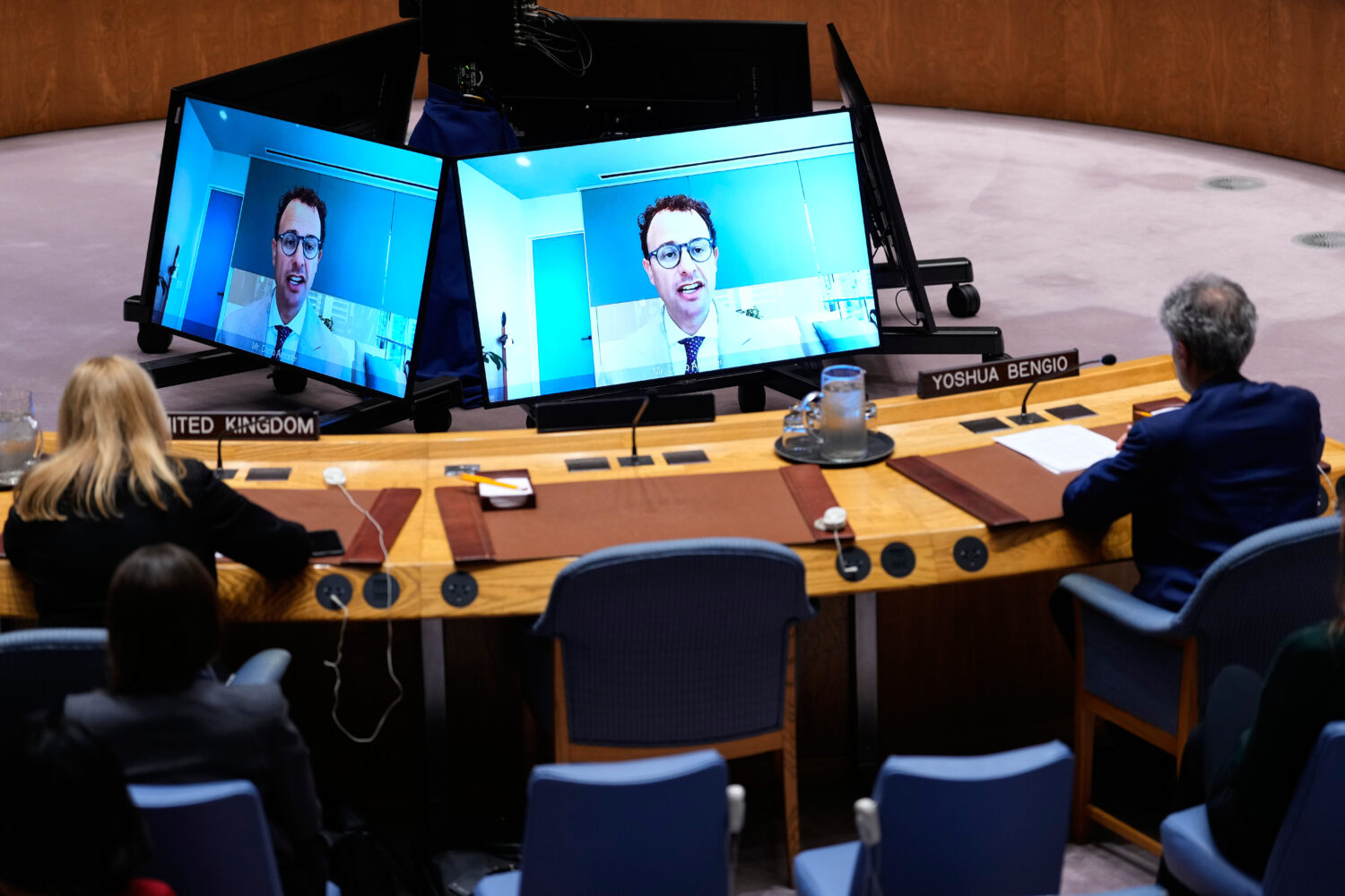 Dario Amodei, CEO of Anthropic, speaks remotely during a Security Council meeting on artificial int...