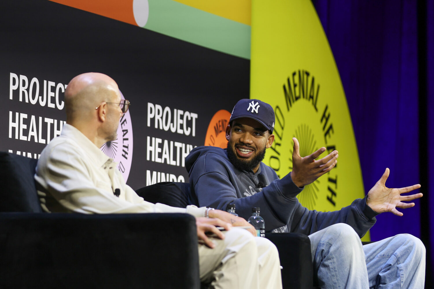 NBA player Karl-Anthony Towns of the New York Knicks sits for a discussion with Rich Kleiman at the...
