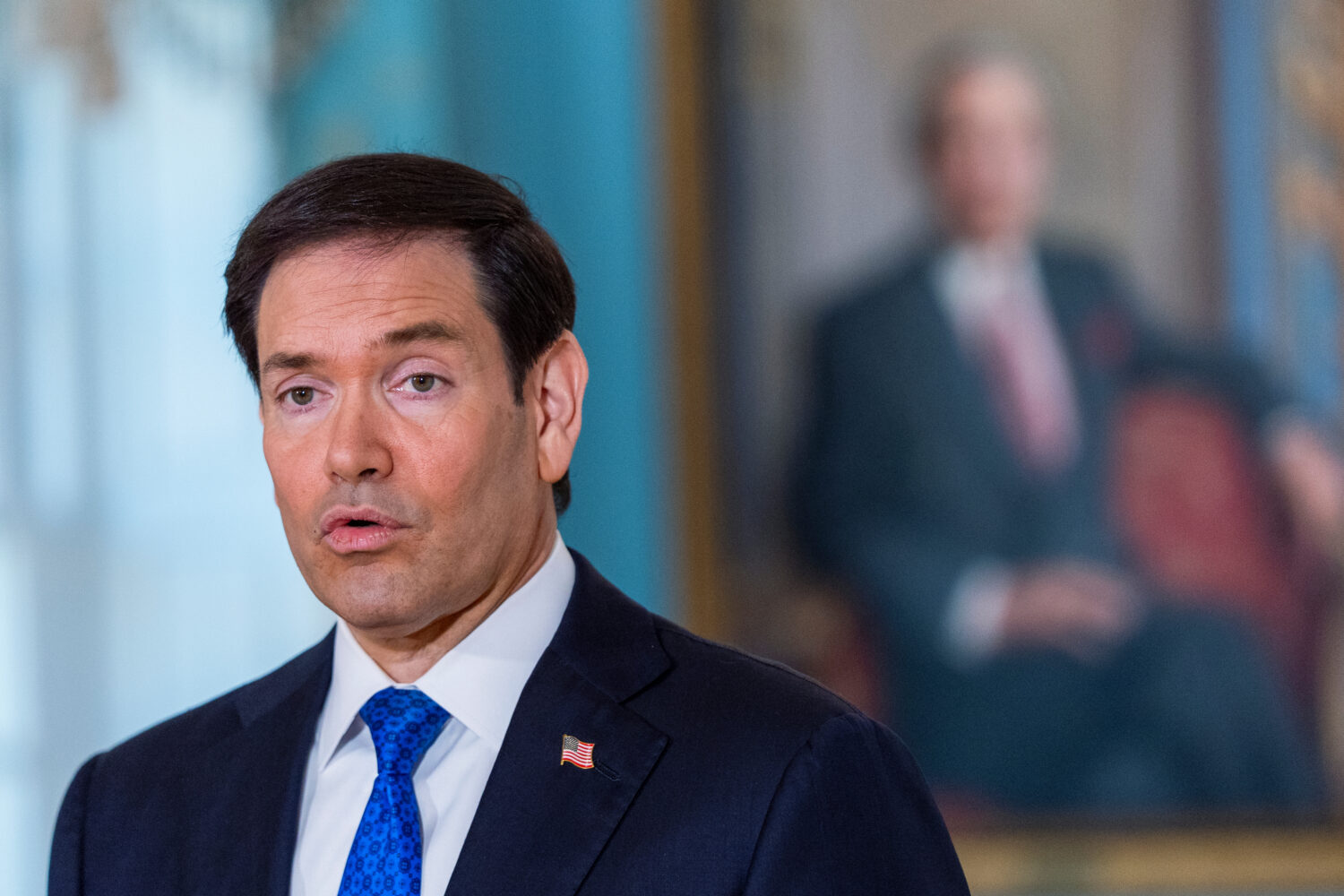 Secretary of State Marco Rubio speaks to reporters before a meeting with 2015 Venezuelan National A...