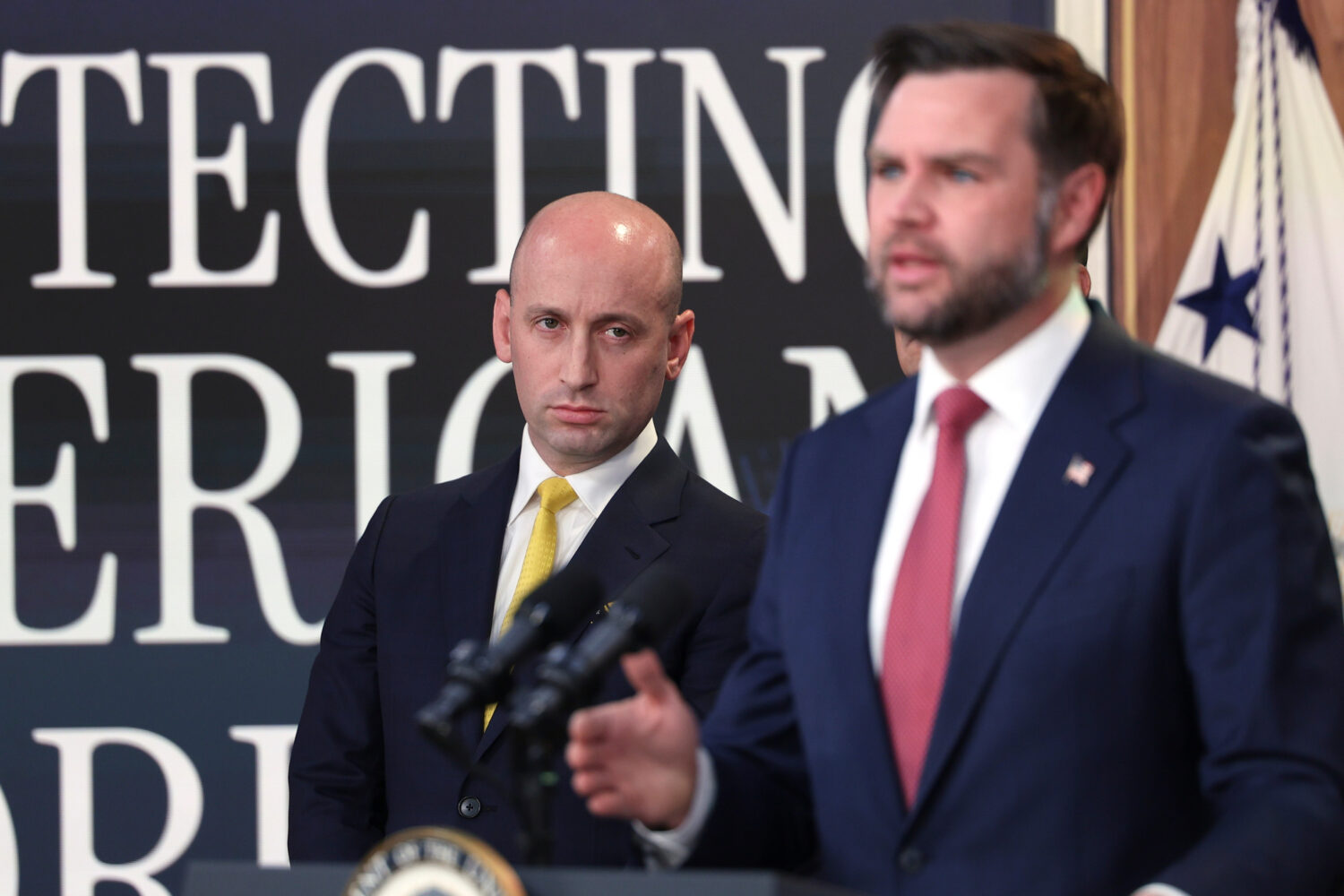 Stephen Miller, White House deputy chief of staff, listens as Vice President JD Vance speaks during...