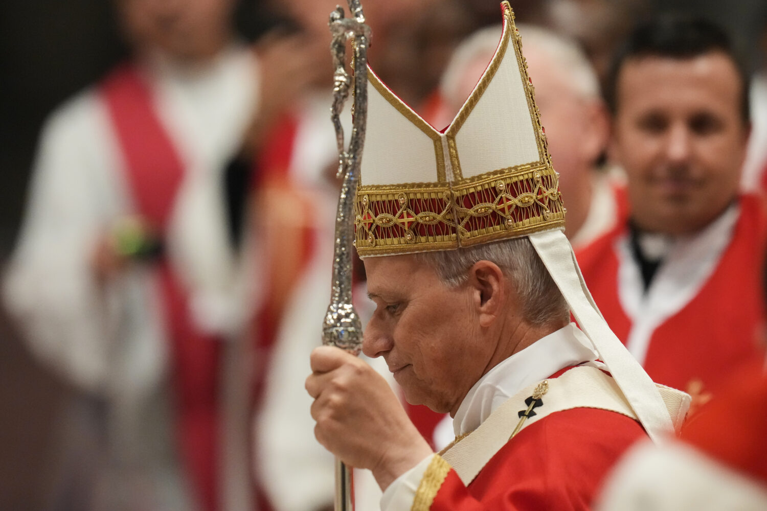 Pope Leo XIV arrives to celebrate a mass in St. Peter's Basilica at the Vatican, Thursday, Oct.8, 2...