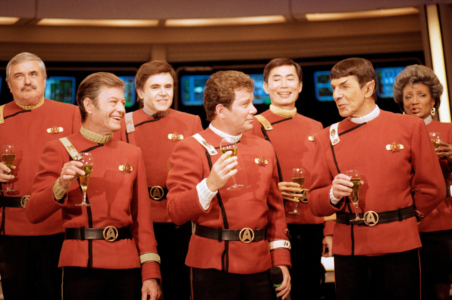 FILE- Members of the "Star Trek" crew, from left, James Doohan, DeForest Kelley, Walter Koenig, Wil...