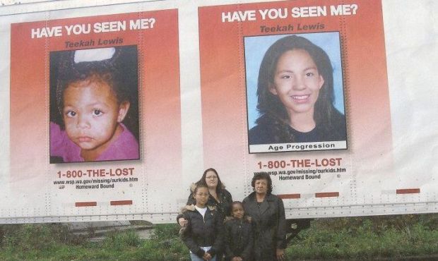 Mother, grandmother and sisters of Teekah Lewis stand in front of a trucking company’s missin...