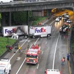Fire crews are on scene following a major crash on southbound I-5. The Fed-Ex truck apparently hit an abutment around 4:30 a.m. Wednesday and was crushed by one trailer as the other trailer tipped. The truck caught fire and was extinguished by firefighters with foam.