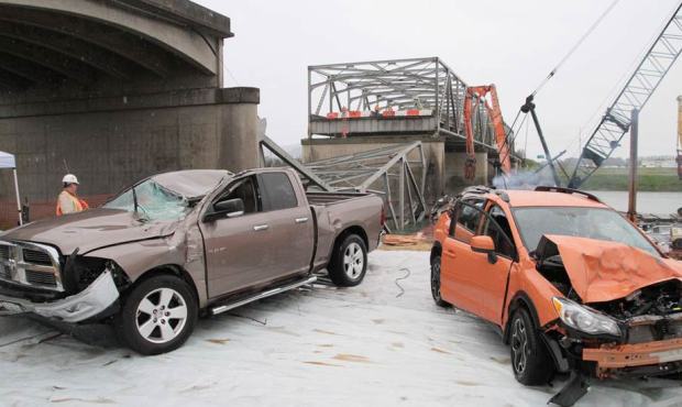 This photo provided by the Washington Department of Transportation, shows the vehicles that were re...