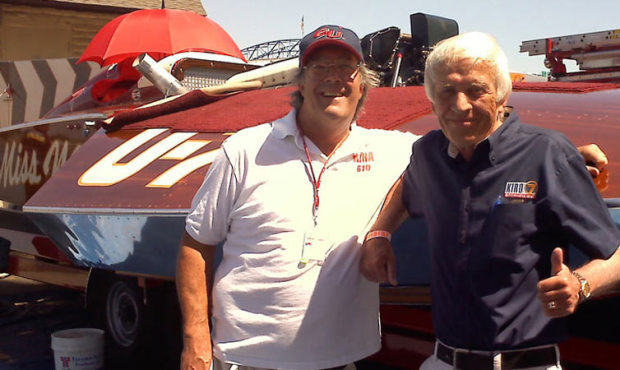 Seattle broadcast legend Pat O’Day (r) stands next to the Miss Wahoo with KONA radio announce...