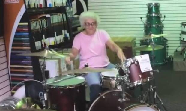 A drumstick-twirling 63 year old is getting her 15 minutes of fame after a drum store posted a vide...