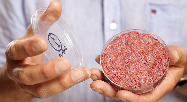 A researcher demonstrates a burger made from beef grown in the laboratory. (CulturedBeef.net image)...