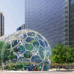 This image from the proposal for the new Amazon campus from the architects at NBBJ shows a perspective view of the spheres looking west from 7th and Lenora, on Amazon's new campus on the northern edge of Seattle's downtown.