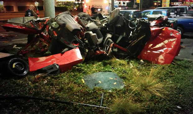 The flying car hit and damaged several cars in the Chevy dealership before coming to a stop. The dr...