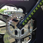 The custom Seahawks bike includes hand-crafted spokes, shocks and wheels emblazoned with the Seahawks logo.