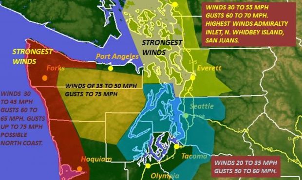National Weather Service in Seattle posted this wind advisory map for Sunday evening into Monday mo...