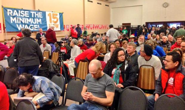 Hundreds of people gathered at the Seattle Labor Temple Sunday for the launch of the “15 Now&...