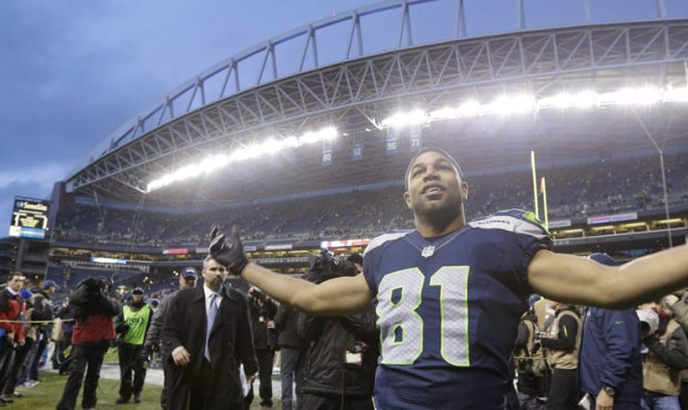 Seattle Seahawks wide receiver Golden Tate celebrates after an NFC divisional playoff NFL football ...